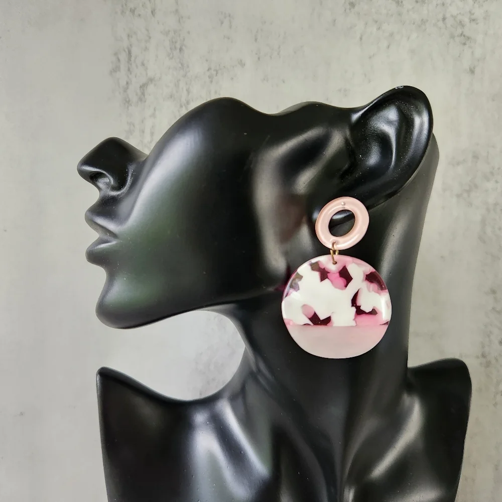 Pink White Acrylic Swirl Round Post Dangle Earrings for Pierced Ears